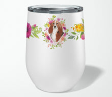 Load image into Gallery viewer, Basset Hound Pink Flowers Stainless Steel 12 oz Stemless Wine Glass CK4266TBL12