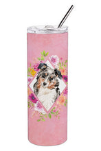 Load image into Gallery viewer, Australian Shepherd Pink Flowers Double Walled Stainless Steel 20 oz Skinny Tumbler CK4267TBL20