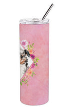 Load image into Gallery viewer, Australian Shepherd Pink Flowers Double Walled Stainless Steel 20 oz Skinny Tumbler CK4267TBL20