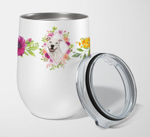 Load image into Gallery viewer, White Pit Bull Terrier Pink Flowers Stainless Steel 12 oz Stemless Wine Glass CK4268TBL12