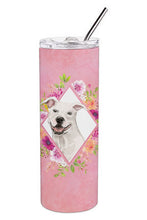 Load image into Gallery viewer, White Pit Bull Terrier Pink Flowers Double Walled Stainless Steel 20 oz Skinny Tumbler CK4268TBL20