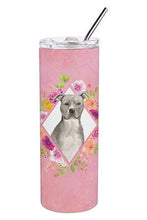 Load image into Gallery viewer, Blue Pit Bull Terrier Pink Flowers Double Walled Stainless Steel 20 oz Skinny Tumbler CK4269TBL20