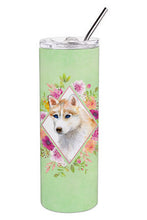 Load image into Gallery viewer, Red Siberian Husky Green Flowers Double Walled Stainless Steel 20 oz Skinny Tumbler CK4308TBL20