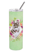 Load image into Gallery viewer, Siberian Husky #2 Green Flowers Double Walled Stainless Steel 20 oz Skinny Tumbler CK4312TBL20