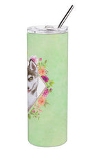 Load image into Gallery viewer, Siberian Husky #2 Green Flowers Double Walled Stainless Steel 20 oz Skinny Tumbler CK4312TBL20