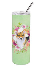 Load image into Gallery viewer, Corgi Green Flowers Double Walled Stainless Steel 20 oz Skinny Tumbler CK4327TBL20