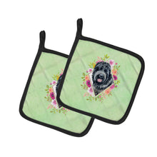 Load image into Gallery viewer, Russian Black Terrier Green Flowers Pot Holders - Set of 2 - Heat-Resistant Kitchen Essentials CK4336PTHD