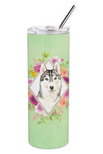 Load image into Gallery viewer, Siberian Husky Green Flowers Double Walled Stainless Steel 20 oz Skinny Tumbler CK4370TBL20