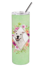 Load image into Gallery viewer, White Pit Bull Terrier Green Flowers Double Walled Stainless Steel 20 oz Skinny Tumbler CK4428TBL20