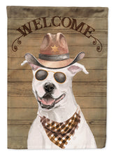 Load image into Gallery viewer, White Staffordshire Bull Terrier Cowboy Dog Welcome Garden Flag – Western-Style Dog with Hat &amp; Sunglasses CK6277GF