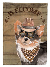 Load image into Gallery viewer, Longhaired Chihuahua Cowboy Dog Welcome Garden Flag – Western-Style Dog with Hat &amp; Sunglasses CK6340GF