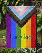 Load image into Gallery viewer, Gay Pride Progress Pride All are Welcome Garden Flag – LGBTQ+ Inclusive Outdoor Yard Decor