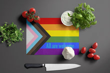 Load image into Gallery viewer, Gay Pride Progress Pride All are Welcome Glass Cutting Boards – Durable, Decorative Kitchen Art Large