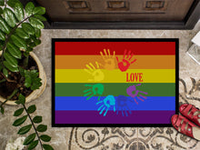 Load image into Gallery viewer, Gay Pride Love Hands Doormat - 24x36 Decorative Floor Mat – Indoor/Outdoor Rug with Artistic Flair