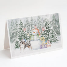 Load image into Gallery viewer, Bull Terrier Black Tan and White with Christmas Presents Greeting Cards -  Blank Note Cards – 8-Pack of Artist-Designed Cards with Envelopes