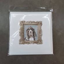 Load image into Gallery viewer, Basset Hound Tricolor Front View 3 Square Greeting Cards -  Blank Note Cards – 8-Pack of Artist-Designed Cards with Envelopes