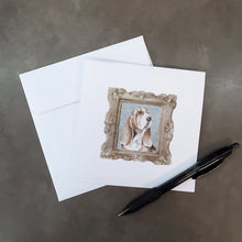Load image into Gallery viewer, Basset Hound Tricolor Front View 4 Square Greeting Cards -  Blank Note Cards – 8-Pack of Artist-Designed Cards with Envelopes
