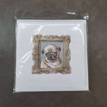 Load image into Gallery viewer, Pug Fawn Puppy Square Greeting Cards -  Blank Note Cards – 8-Pack of Artist-Designed Cards with Envelopes