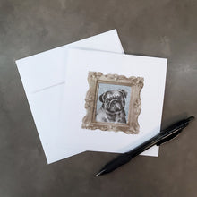 Load image into Gallery viewer, Pug Black Front View Square Greeting Cards -  Blank Note Cards – 8-Pack of Artist-Designed Cards with Envelopes