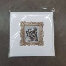 Load image into Gallery viewer, Pug Black Front View Square Greeting Cards -  Blank Note Cards – 8-Pack of Artist-Designed Cards with Envelopes