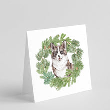 Load image into Gallery viewer, Corgi Brindle with Christmas Wreath Square Greeting Cards -  Blank Note Cards – 8-Pack of Artist-Designed Cards with Envelopes