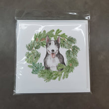 Load image into Gallery viewer, Bull Terrier Black and White with Christmas Wreath Square Greeting Cards -  Blank Note Cards – 8-Pack of Artist-Designed Cards with Envelopes