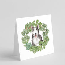 Load image into Gallery viewer, Bull Terrier Black and White with Christmas Wreath Square Greeting Cards -  Blank Note Cards – 8-Pack of Artist-Designed Cards with Envelopes