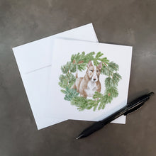Load image into Gallery viewer, Bull Terrier Red and White with Christmas Wreath Square Greeting Cards -  Blank Note Cards – 8-Pack of Artist-Designed Cards with Envelopes