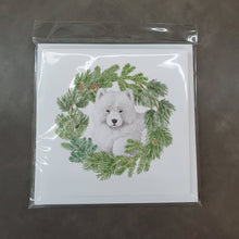 Load image into Gallery viewer, Samoyed Puppy with Christmas Wreath Square Greeting Cards -  Blank Note Cards – 8-Pack of Artist-Designed Cards with Envelopes