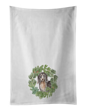 Load image into Gallery viewer, Dachshund Black and Tan Longhaired  Christmas Wreath White Kitchen Towel Set of 2