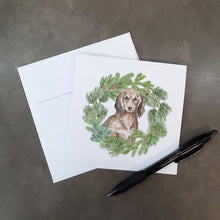 Load image into Gallery viewer, Dachshund Sable Longhaired with Christmas Wreath Square Greeting Cards -  Blank Note Cards – 8-Pack of Artist-Designed Cards with Envelopes