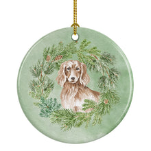 Load image into Gallery viewer, Dachshund Red Longhaired Christmas Wreath Ceramic Ornament