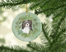 Load image into Gallery viewer, Cavalier Spaniel Tricolor Head Tilt Christmas Wreath Ceramic Ornament