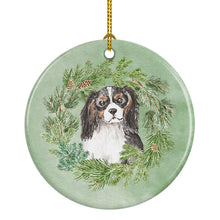 Load image into Gallery viewer, Cavalier Spaniel Tricolor Head Tilt Christmas Wreath Ceramic Ornament