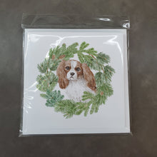 Load image into Gallery viewer, Cavalier King Charles Spaniel Blenheim with Christmas Wreath Square Greeting Cards -  Blank Note Cards – 8-Pack of Artist-Designed Cards with Envelopes