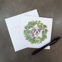 Load image into Gallery viewer, Bulldog Lilac Puppy with Christmas Wreath Square Greeting Cards -  Blank Note Cards – 8-Pack of Artist-Designed Cards with Envelopes