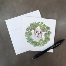 Load image into Gallery viewer, Bulldog Puppy Fawn with Christmas Wreath Square Greeting Cards -  Blank Note Cards – 8-Pack of Artist-Designed Cards with Envelopes