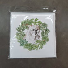 Load image into Gallery viewer, Bulldog Fawn with Christmas Wreath Square Greeting Cards -  Blank Note Cards – 8-Pack of Artist-Designed Cards with Envelopes
