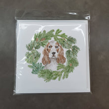 Load image into Gallery viewer, Cocker Spaniel Red and White with Christmas Wreath Square Greeting Cards -  Blank Note Cards – 8-Pack of Artist-Designed Cards with Envelopes