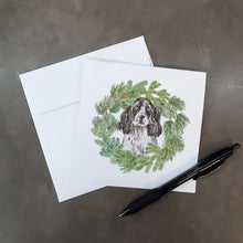 Load image into Gallery viewer, Cocker Spaniel Black and White Ticked with Christmas Wreath Square Greeting Cards -  Blank Note Cards – 8-Pack of Artist-Designed Cards with Envelopes