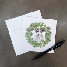 Load image into Gallery viewer, Jack Russell Terrier Black and White Wirehaired with Christmas Wreath Square Greeting Cards -  Blank Note Cards – 8-Pack of Artist-Designed Cards with Envelopes