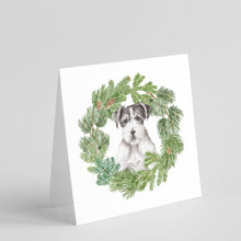 Load image into Gallery viewer, Jack Russell Terrier Black and White Wirehaired with Christmas Wreath Square Greeting Cards -  Blank Note Cards – 8-Pack of Artist-Designed Cards with Envelopes