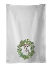 Load image into Gallery viewer, Jack Russell Terrier Chestnut and White Wirehaired Christmas Wreath White Kitchen Towel Set of 2