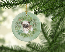 Load image into Gallery viewer, Pug Puppy Fawn Christmas Wreath Ceramic Ornament