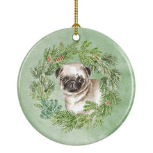 Load image into Gallery viewer, Pug Puppy Fawn Christmas Wreath Ceramic Ornament