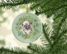 Load image into Gallery viewer, Pug Puppy Fawn Head Tilt Christmas Wreath Ceramic Ornament