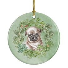 Load image into Gallery viewer, Pug Puppy Fawn Head Tilt Christmas Wreath Ceramic Ornament