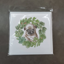 Load image into Gallery viewer, Pug Puppy Fawn Head Tilt with Christmas Wreath Square Greeting Cards -  Blank Note Cards – 8-Pack of Artist-Designed Cards with Envelopes