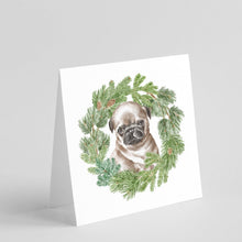 Load image into Gallery viewer, Pug Puppy Fawn Head Tilt with Christmas Wreath Square Greeting Cards -  Blank Note Cards – 8-Pack of Artist-Designed Cards with Envelopes