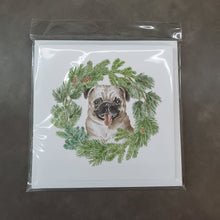 Load image into Gallery viewer, Pug Fawn with Christmas Wreath Square Greeting Cards -  Blank Note Cards – 8-Pack of Artist-Designed Cards with Envelopes